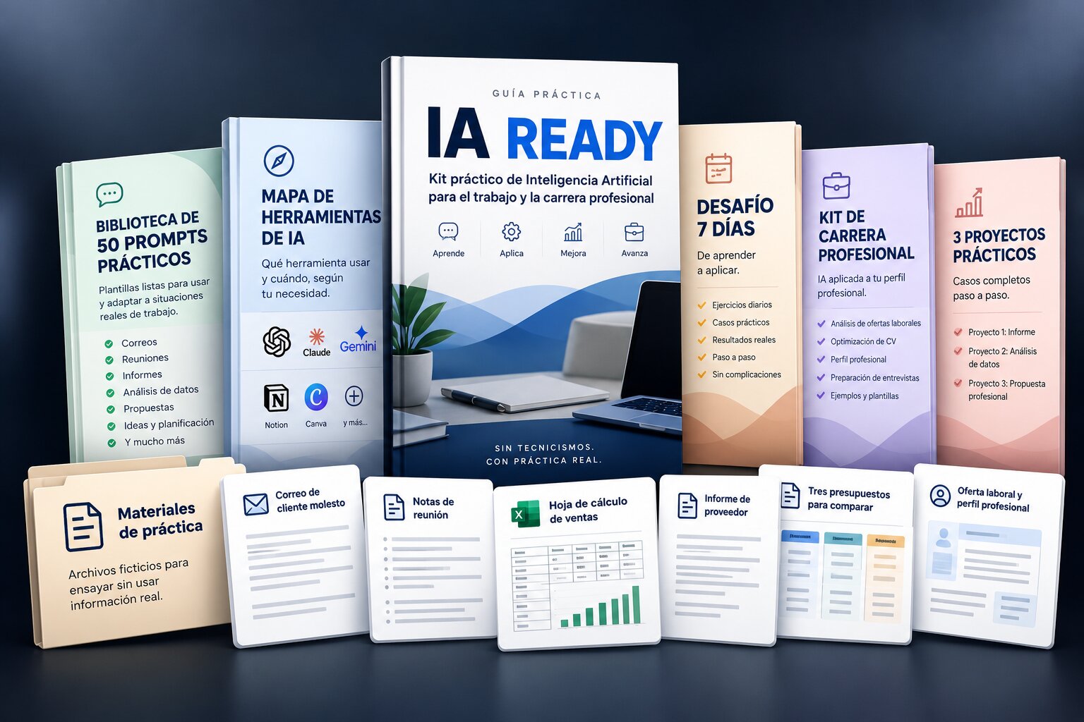 Vista general del kit IA READY: guía práctica, biblioteca de 50 prompts, mapa de herramientas, desafío de 7 días, kit de carrera, 3 proyectos prácticos y materiales de práctica